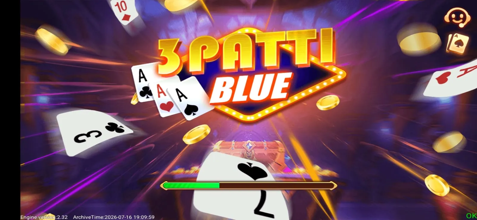 Teen Patti Blue cards gameplay showing a live three-card game table