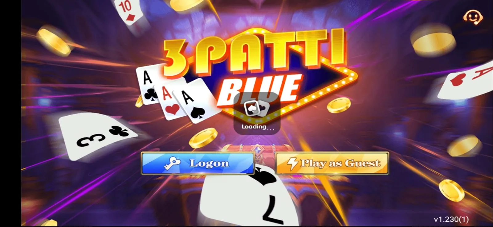 Teen Patti Blue mobile game screen displaying the login and navigation interface